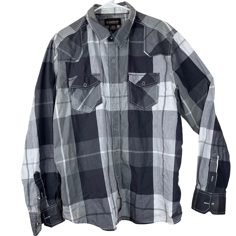 No Boundaries Western Shirt Mens XL Grey Plaid Pearl Snap Long Sleeve Cotton